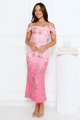 Champagne Sparkle Embellished Maxi Dress Pink