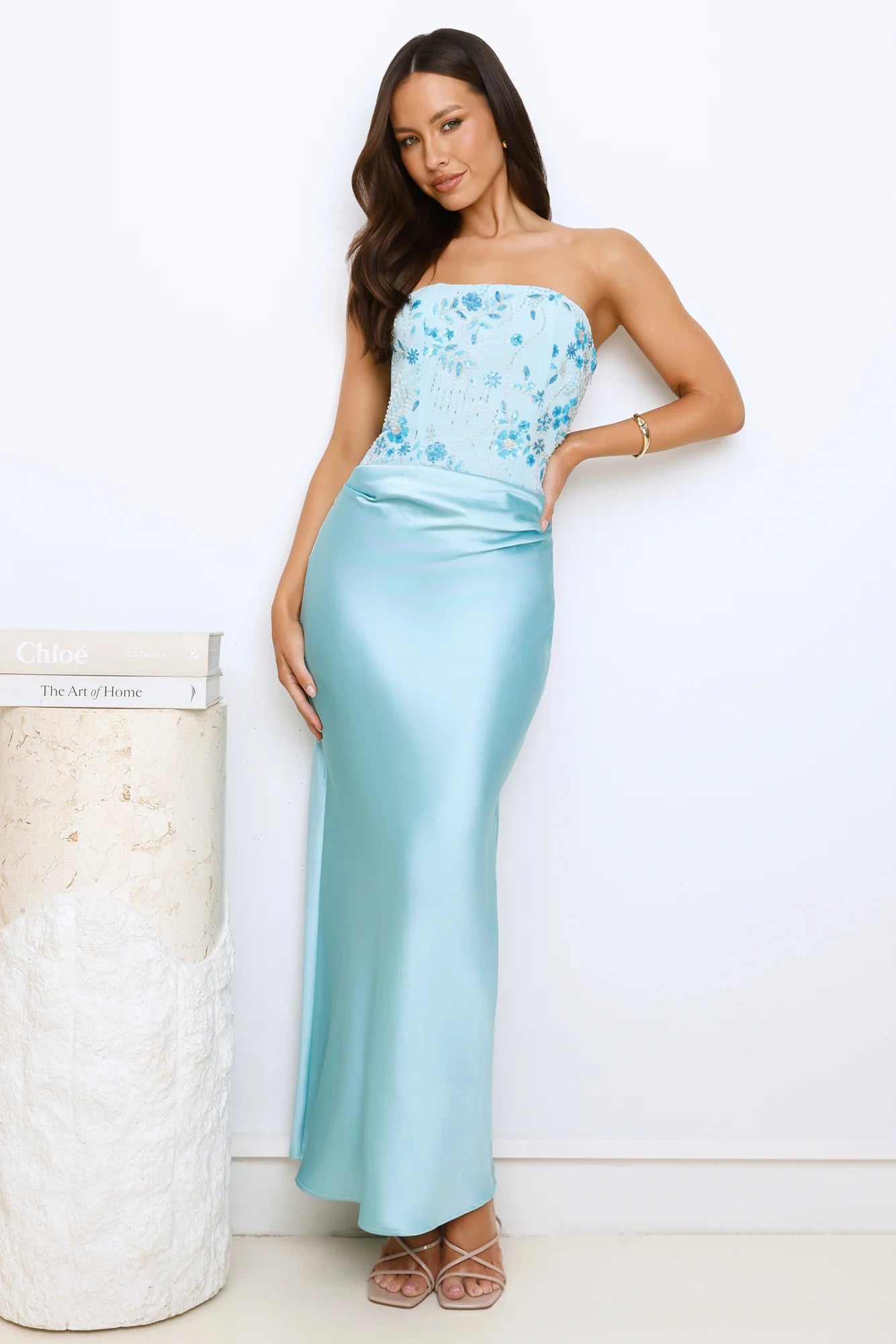 Dazzle On Demand Strapless Satin Maxi Dress Blue
