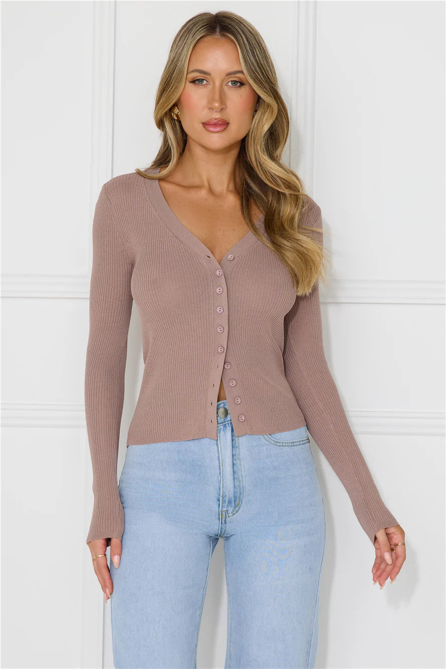 Buttoned Up Ribbed Long Sleeve Top Brown