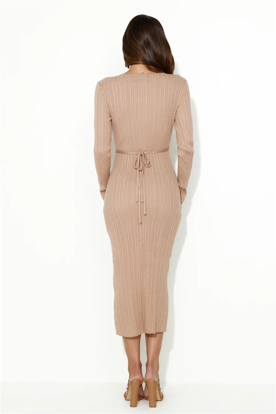 Cold Yet Stylish Long Sleeve Ribbed Midi Dress Tan