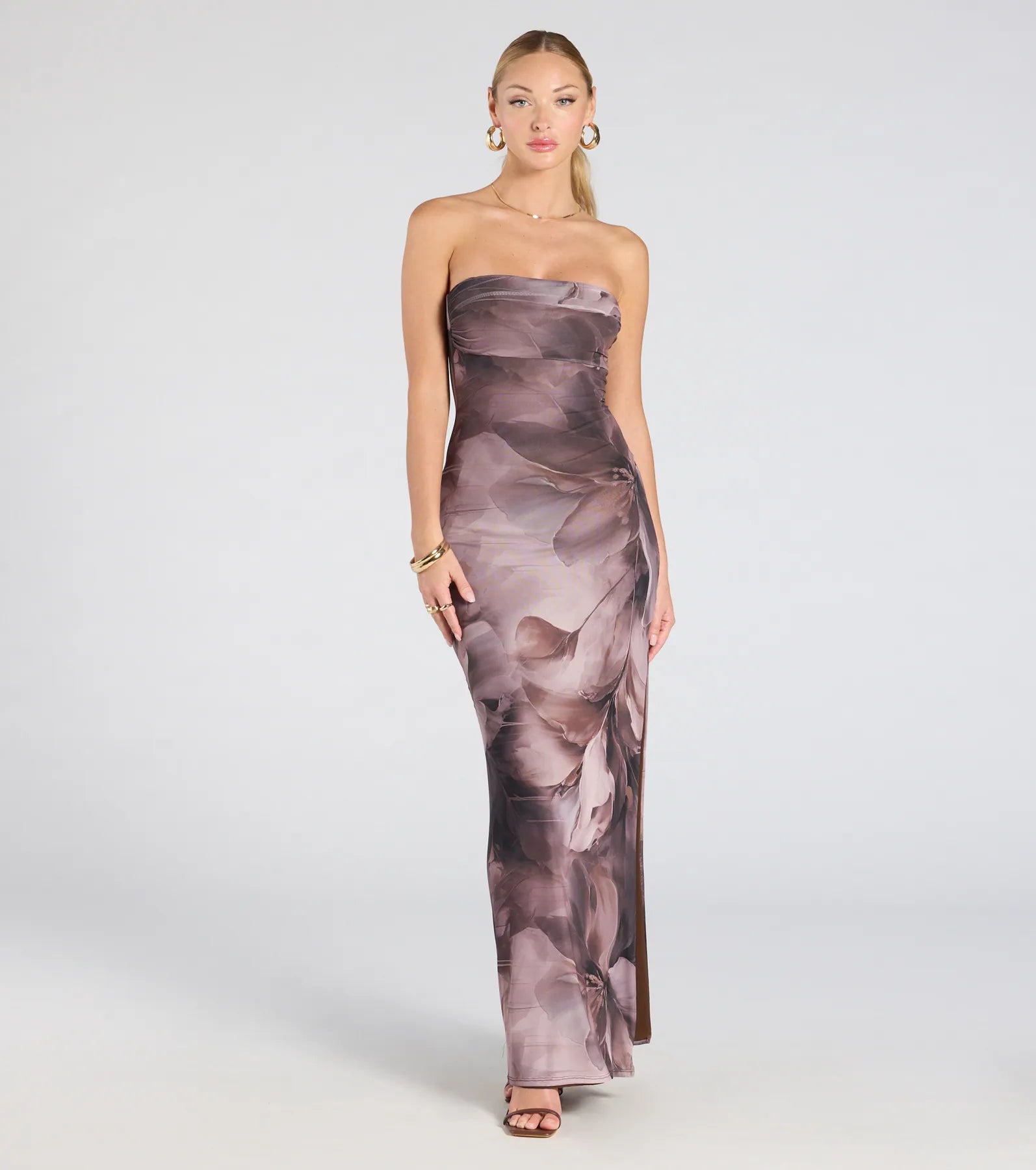 Major Energy Strapless Floral Mesh Maxi Dress