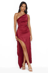 Extra Special One Shoulder Satin Maxi Dress Wine