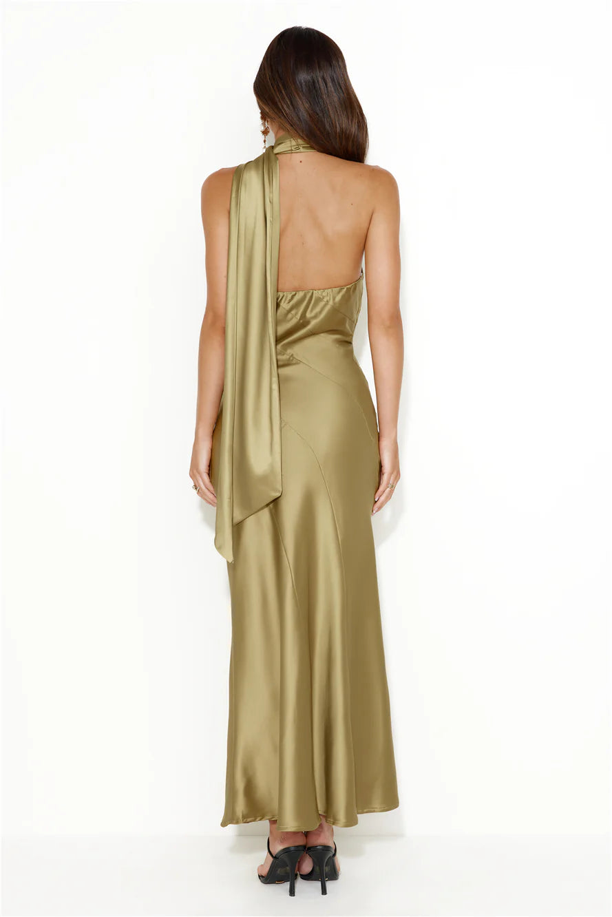 Glistening Star Satin Maxi Dress Olive