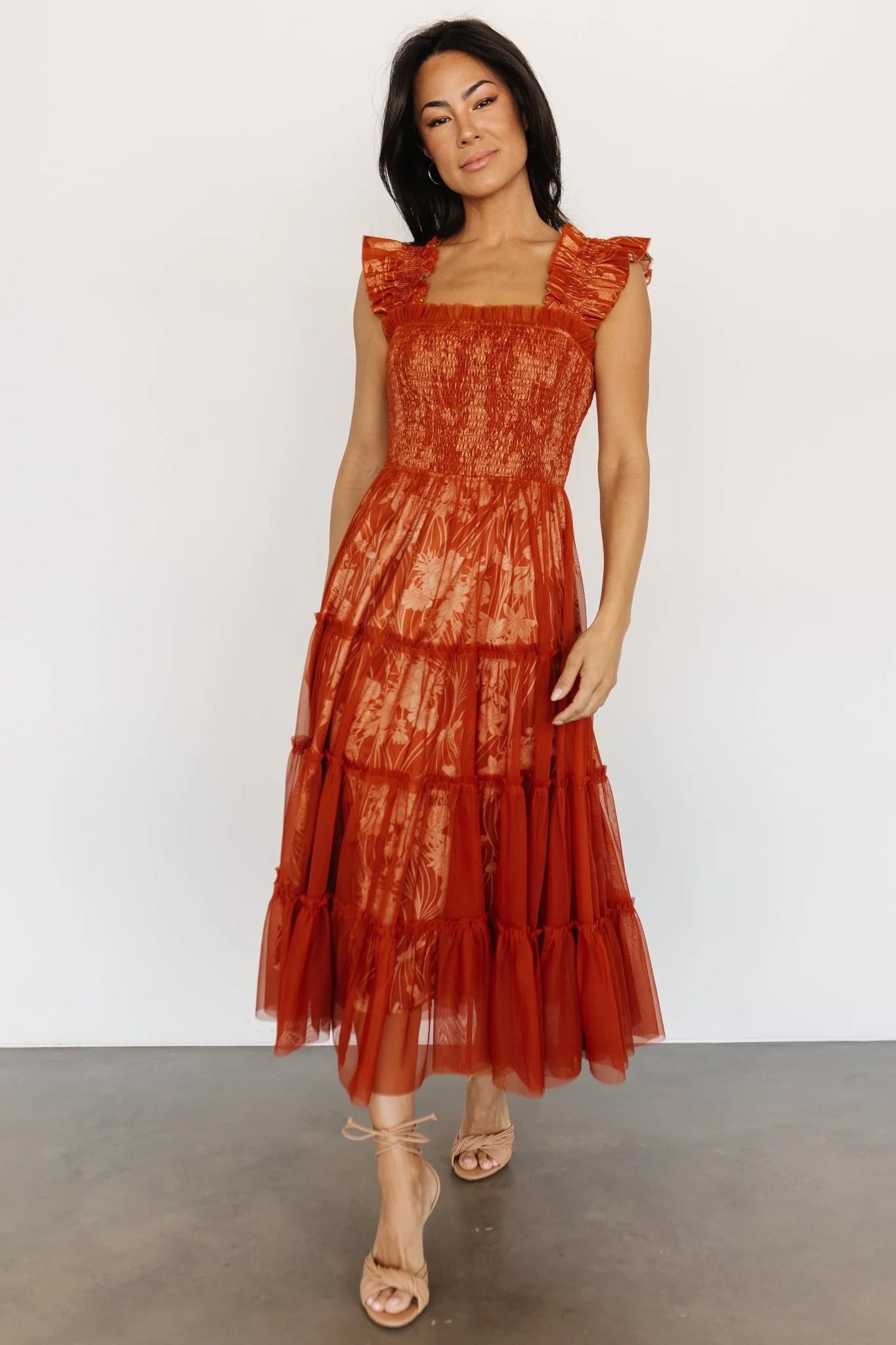 Cora Smocked Tulle Dress | Rust Floral
