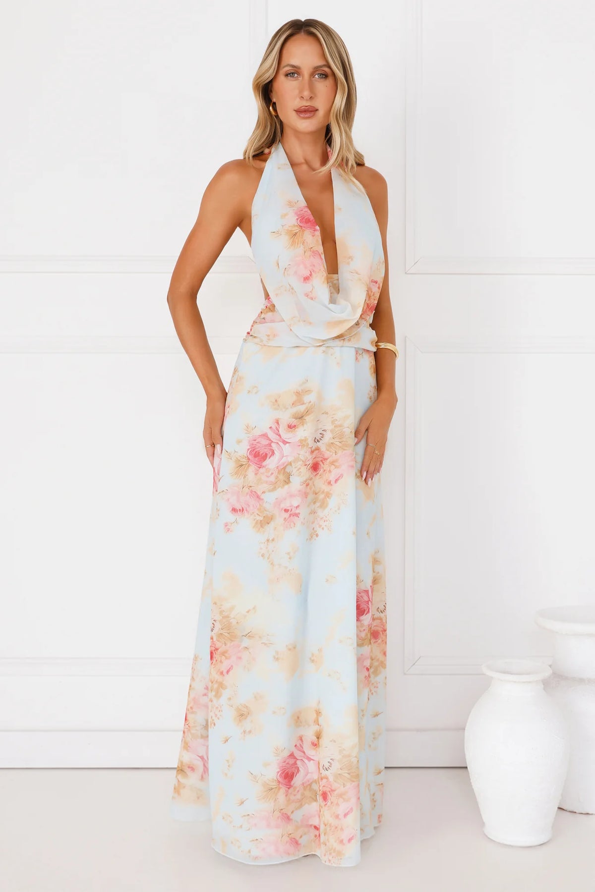 Dreamy Petals Halter Maxi Dress Blue