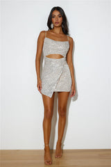 Twisted Shine Sequin Mini Dress Beige