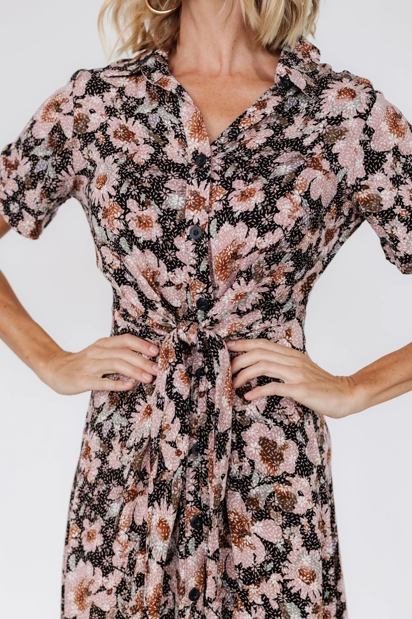 Feya Button Midi Dress | Black + Mauve Floral