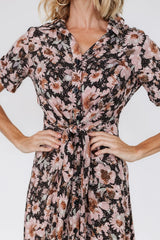 Feya Button Midi Dress | Black + Mauve Floral