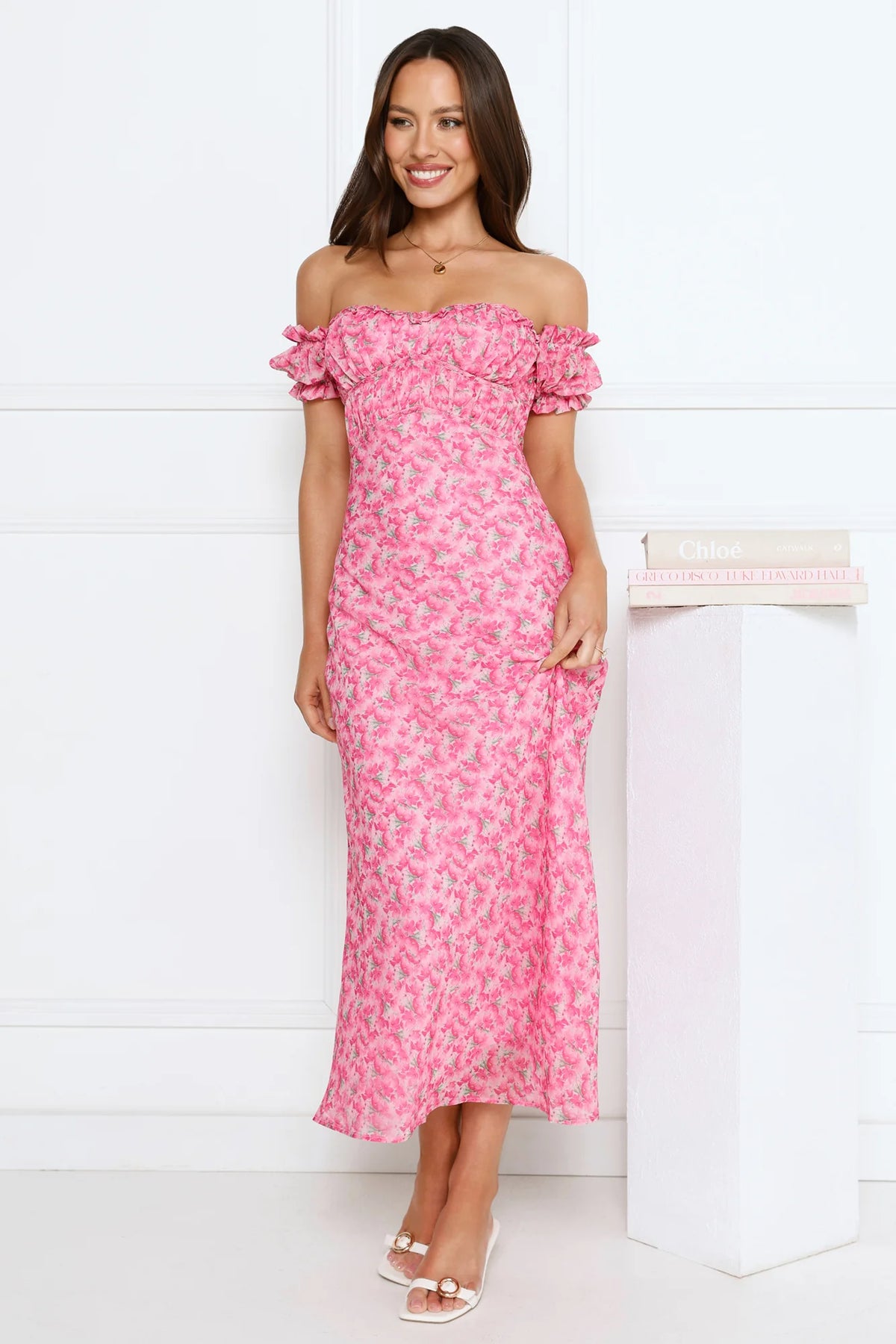 Chic Bloom Society Off Shoulder Maxi Dress Pink