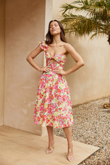 Vibrant Rendezvous One Shoulder Midi Dress Pink