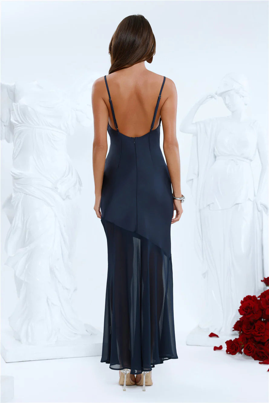 Elegant Simplicity Satin Maxi Dress Navy