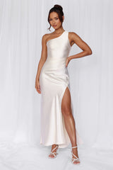 The Aurora One Shoulder Satin Maxi Dress Pearl