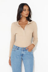 Crisp Days Long Sleeve Ribbed Bodysuit Tan
