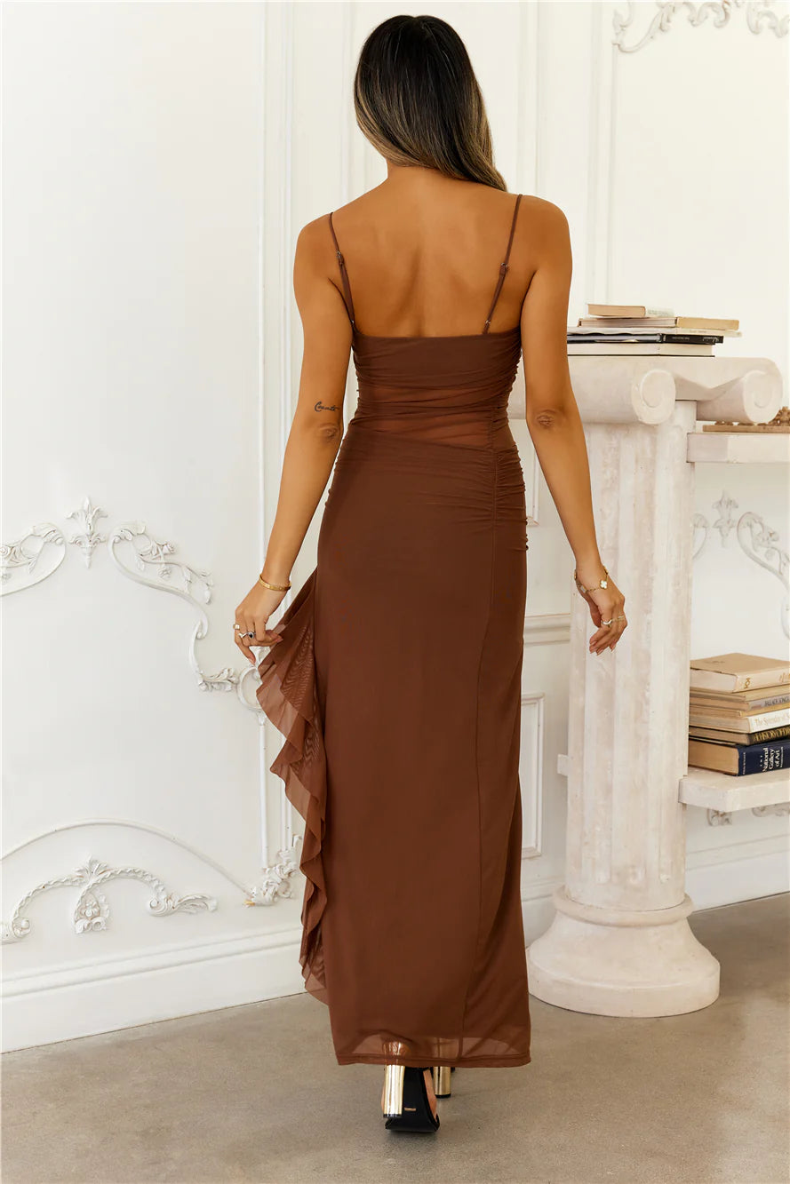 Golden Embrace Mesh Maxi Dress Chocolate
