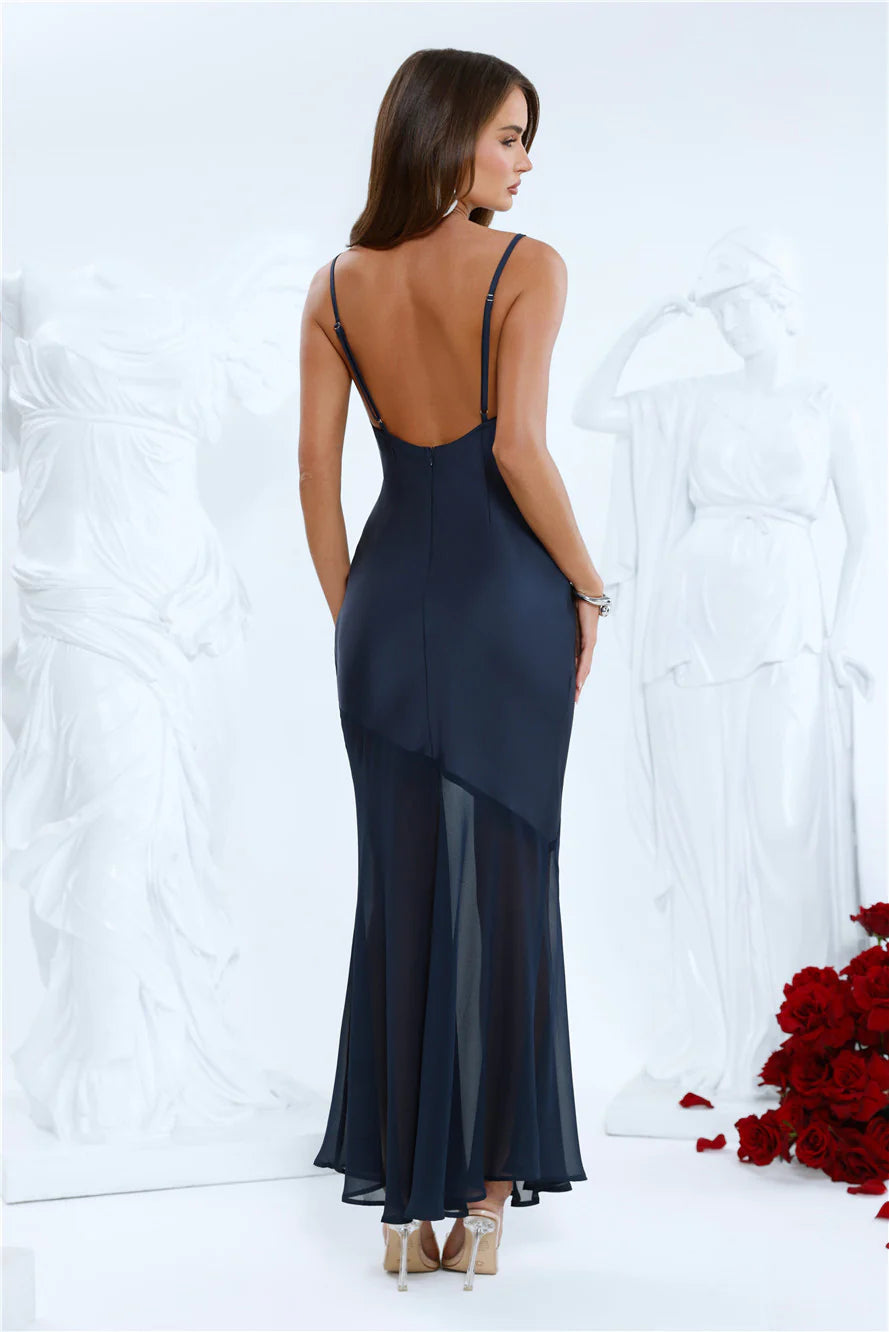 Elegant Simplicity Satin Maxi Dress Navy