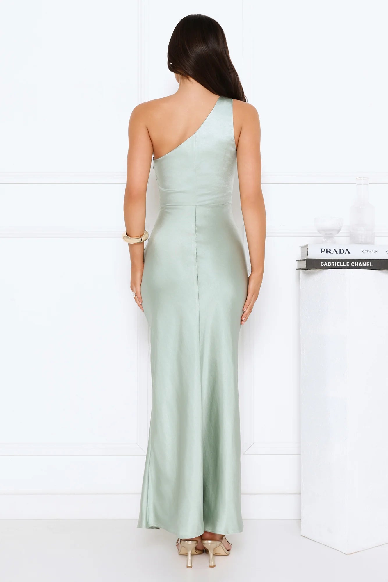 Dusk Enchantress One Shoulder Satin Maxi Dress Green