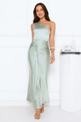 Dusk Enchantress One Shoulder Satin Maxi Dress Green