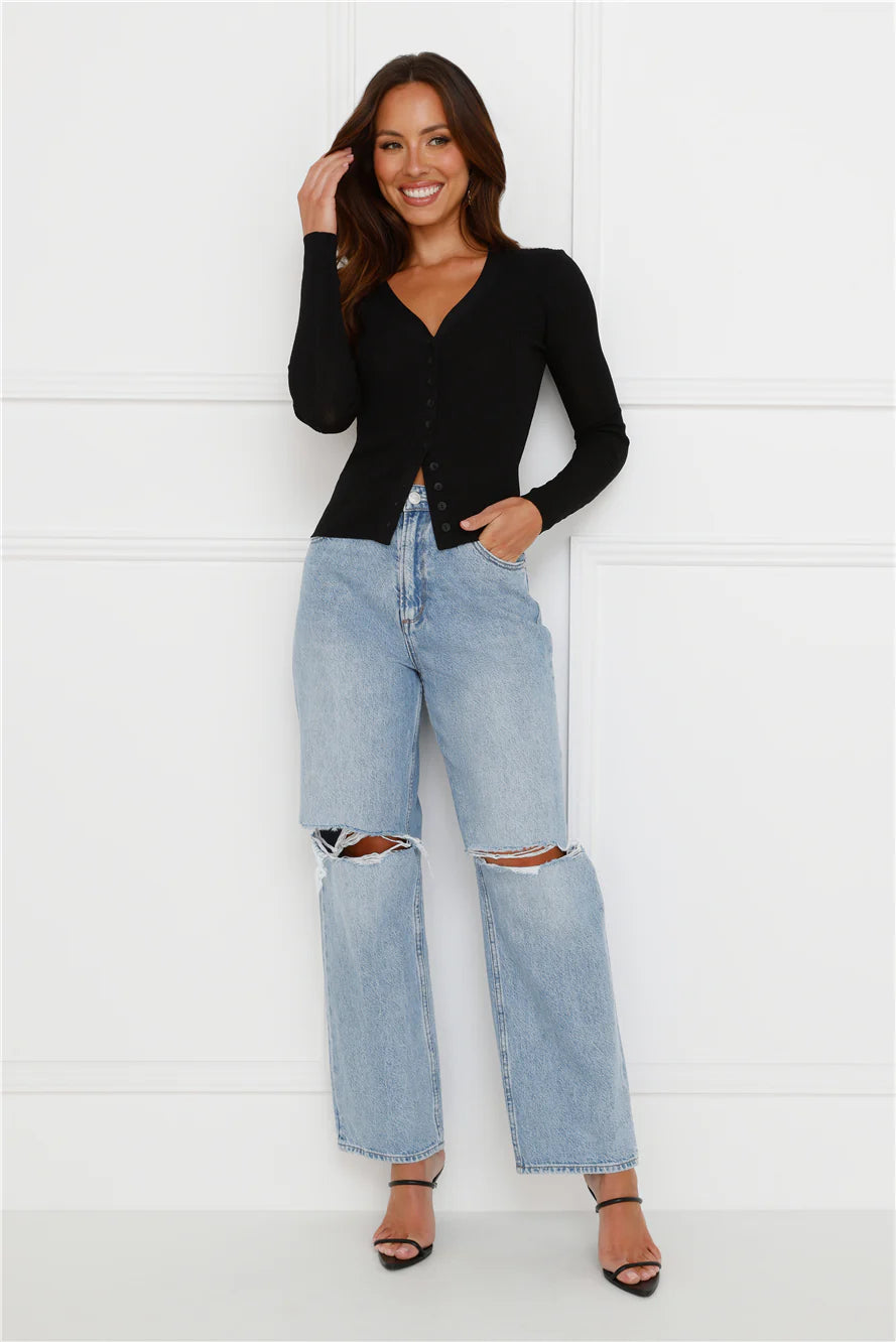 Buttoned Up Ribbed Long Sleeve Top Black