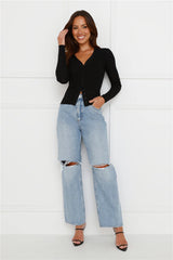 Buttoned Up Ribbed Long Sleeve Top Black
