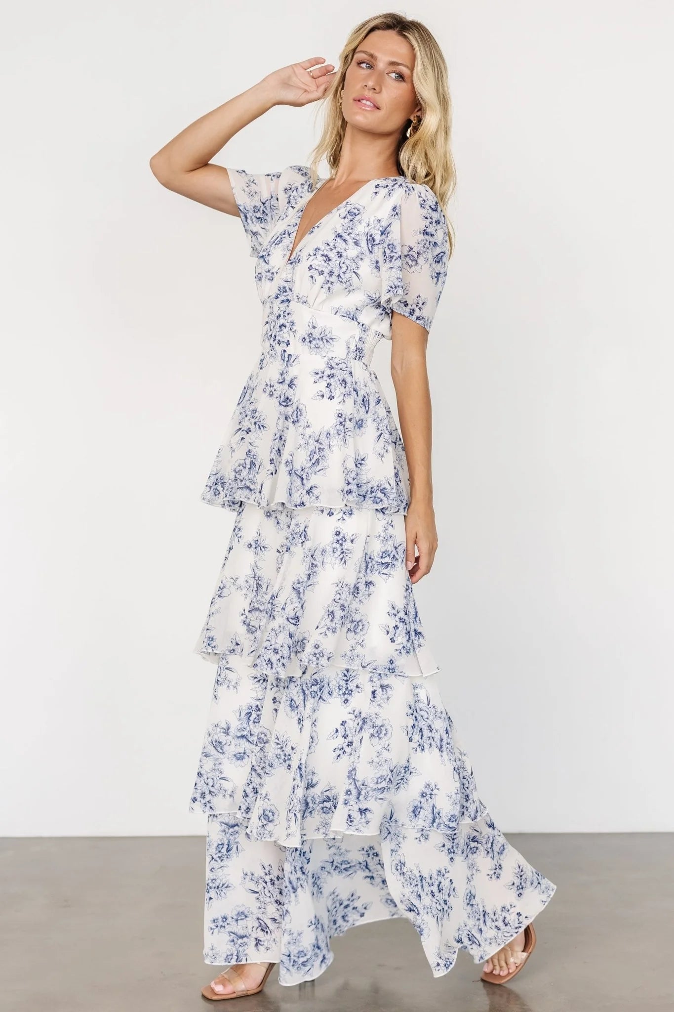 Montaigne Ruffle Maxi Dress | Off White + Blue
