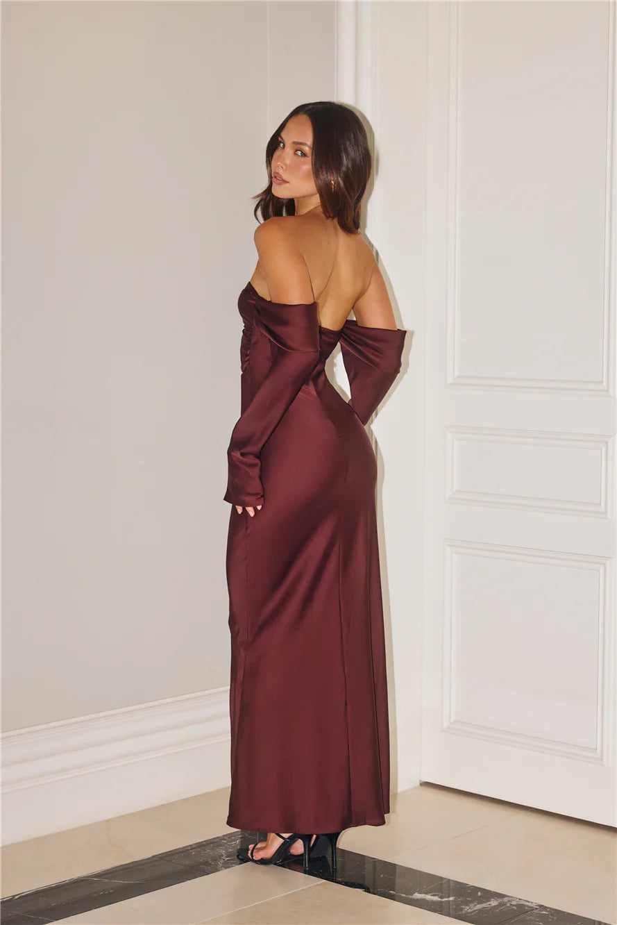 Elegant Chic Off Shoulder Long Sleeve Satin Maxi Dress Chocolate