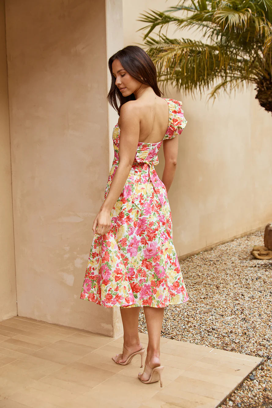 Vibrant Rendezvous One Shoulder Midi Dress Pink