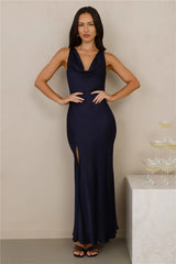 The Loretta Cowl Satin Maxi Dress Navy