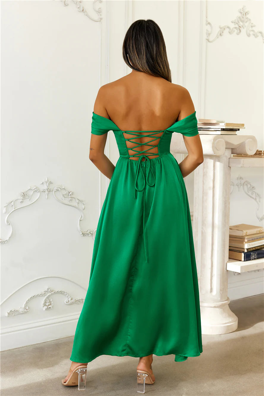Golden Affair Off Shoulder Satin Maxi Dress Green