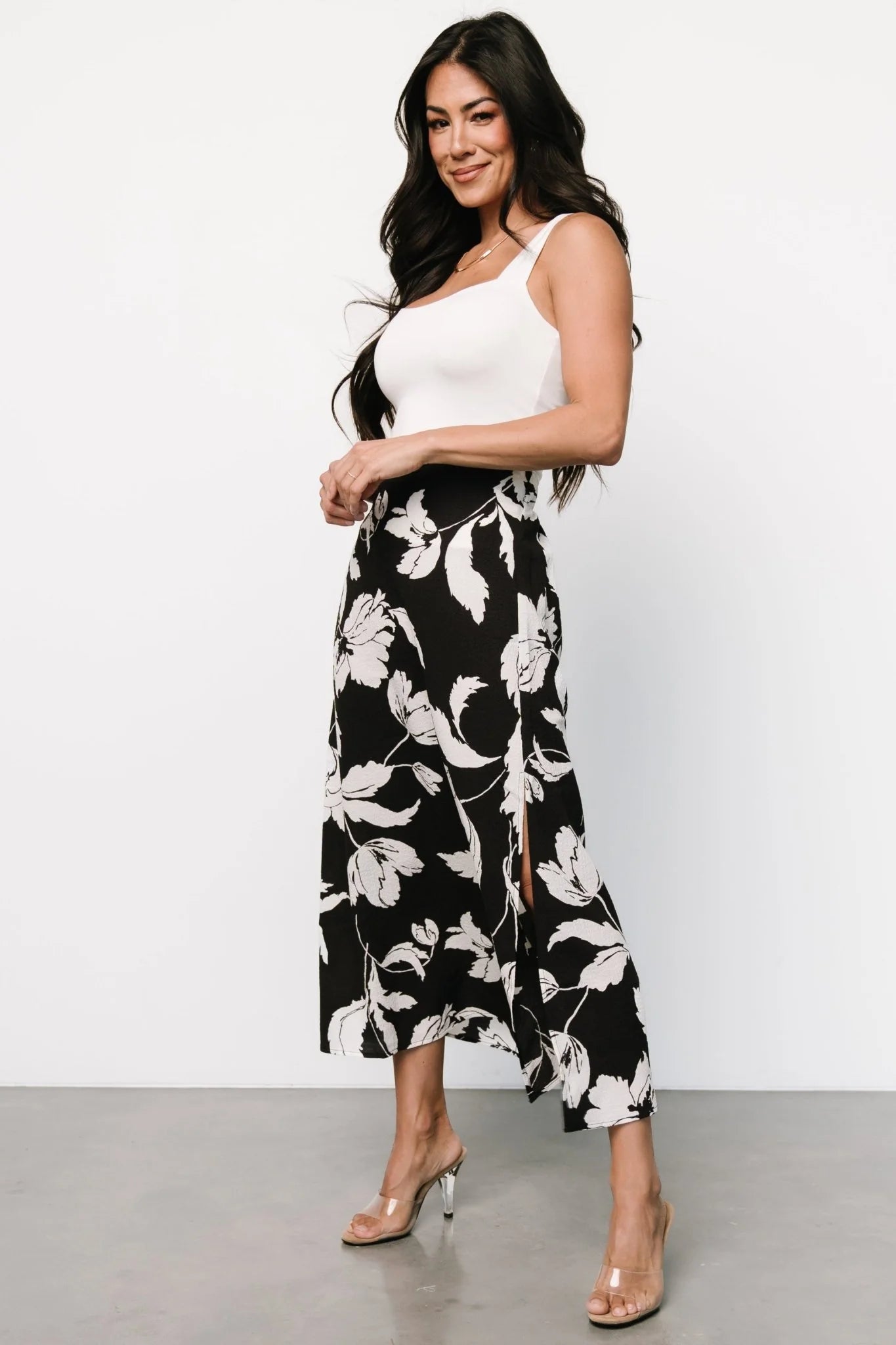 Osaka Midi Skirt | Black + White Floral