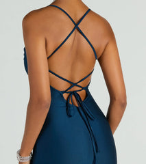 Natalie Cowl Neck Lace-Up Slit Column Dress