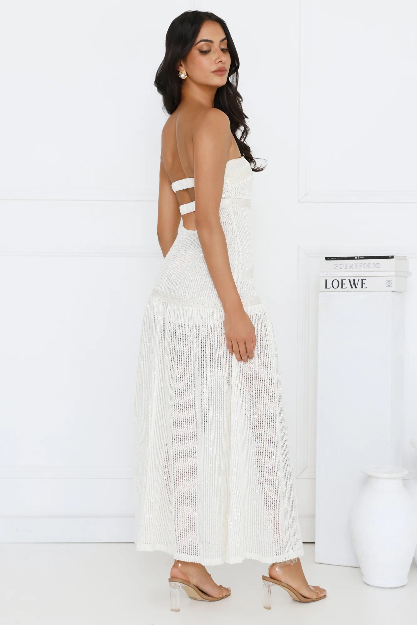 Beach Shimmer Strapless Knit Midi Dress Cream
