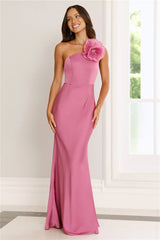 Flowered Opulence One Shoulder Satin Maxi Dress Mauve