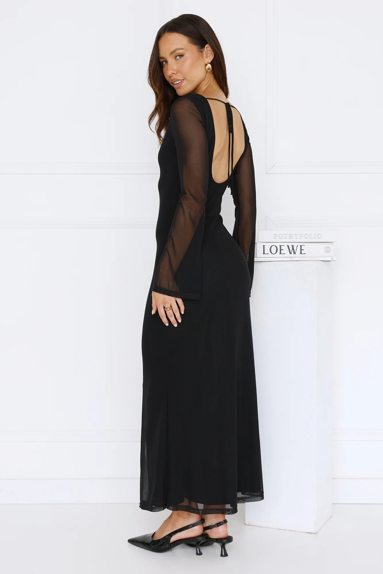 Golden Flower Mesh Long Sleeve Maxi Dress Black