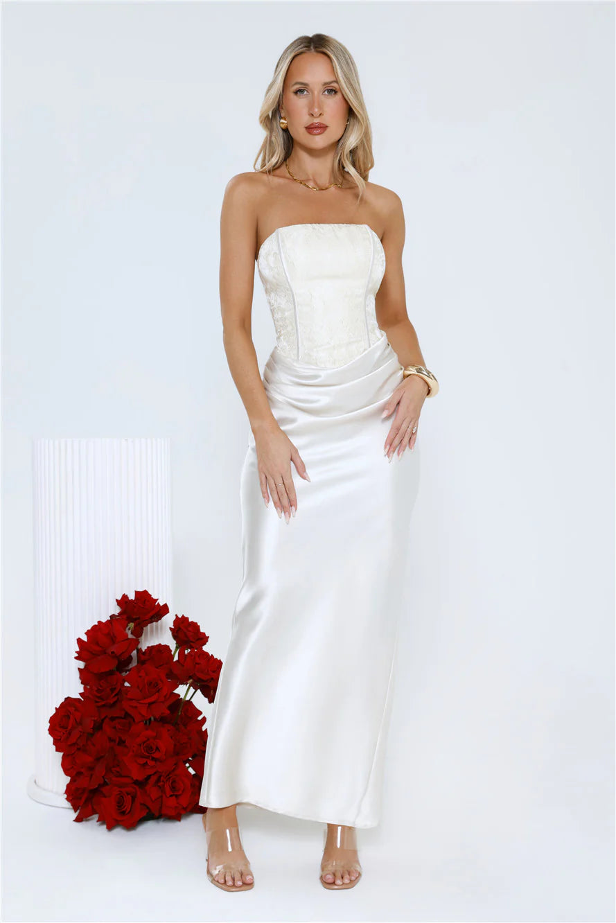 Dressed To Dazzle Strapless Satin Maxi Dress Ivory
