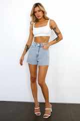 DNM High Rise Frayed Denim Shorts Light Blue