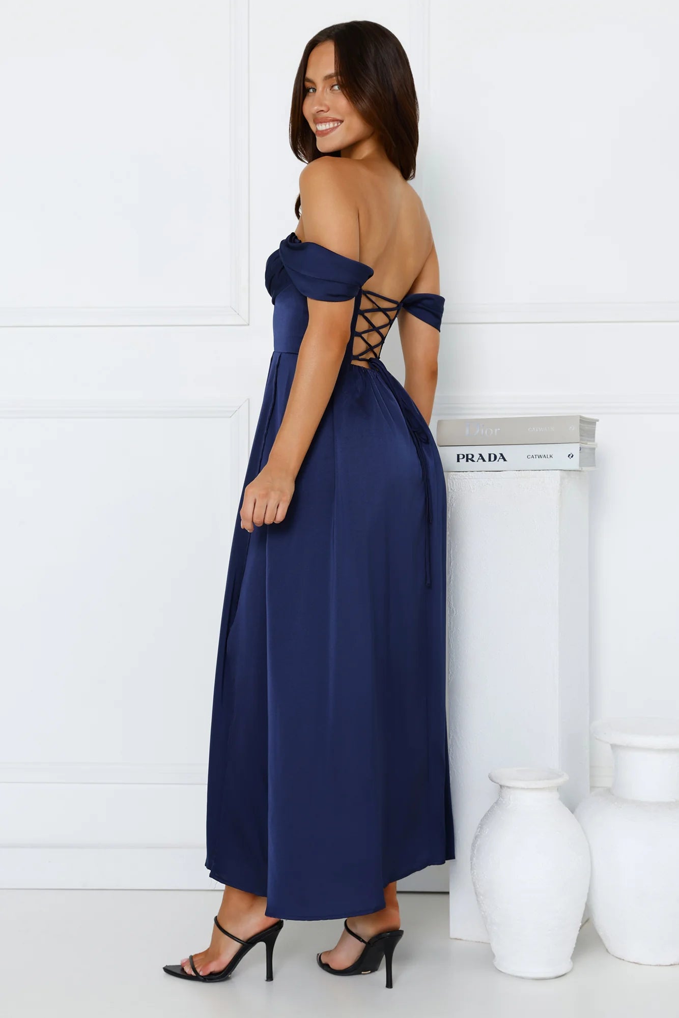 Golden Affair Off Shoulder Satin Maxi Dress Navy