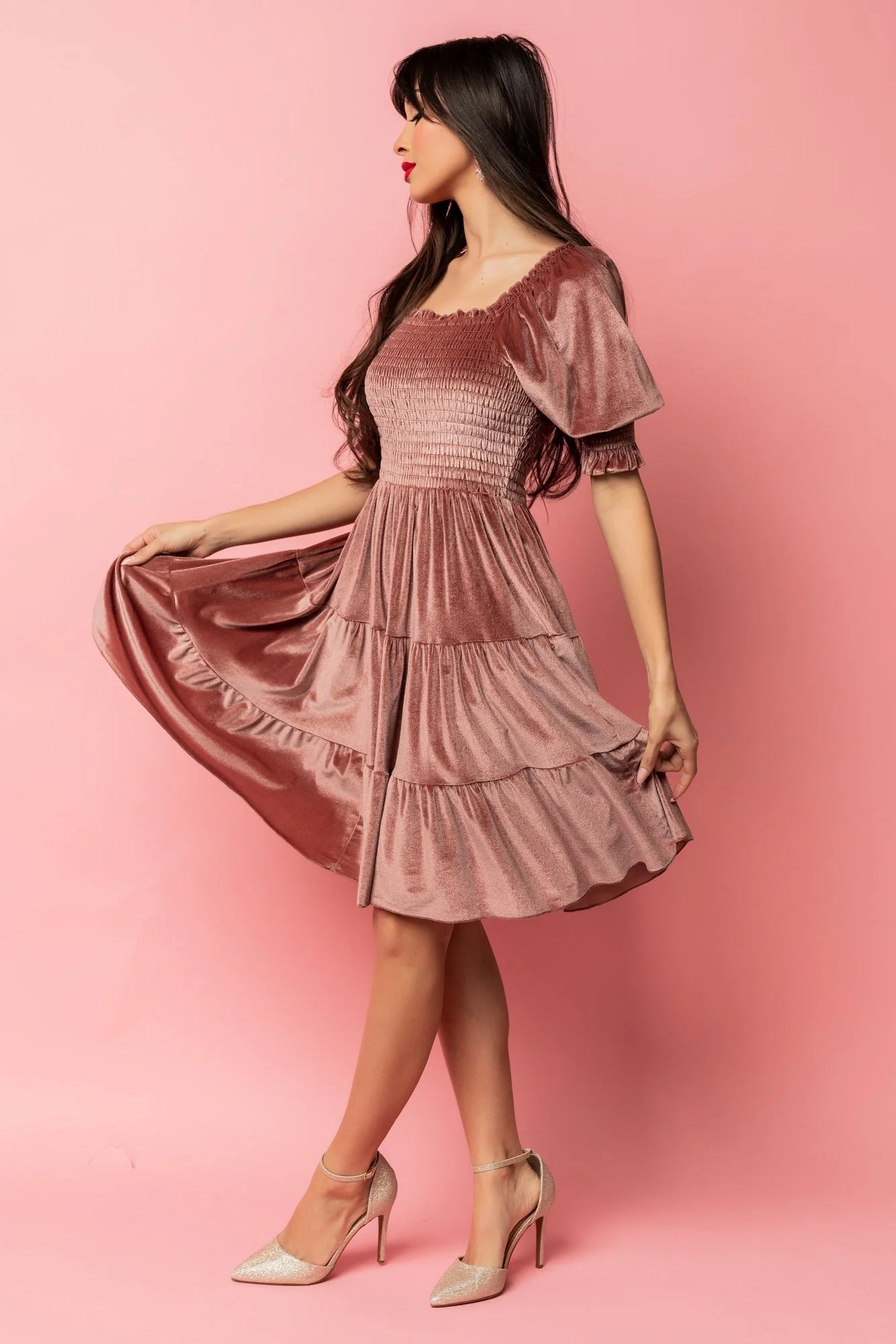 Bliss Smocked Velvet Short Dress | Vintage Rose