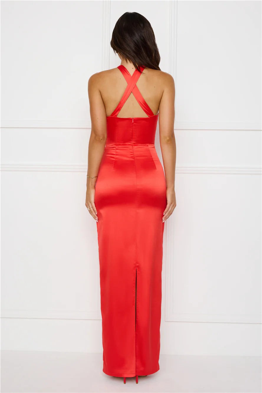 Diamond Elegance Satin Maxi Dress Red