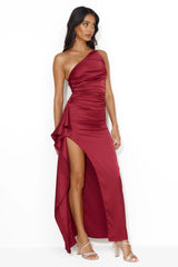 Extra Special One Shoulder Satin Maxi Dress Wine