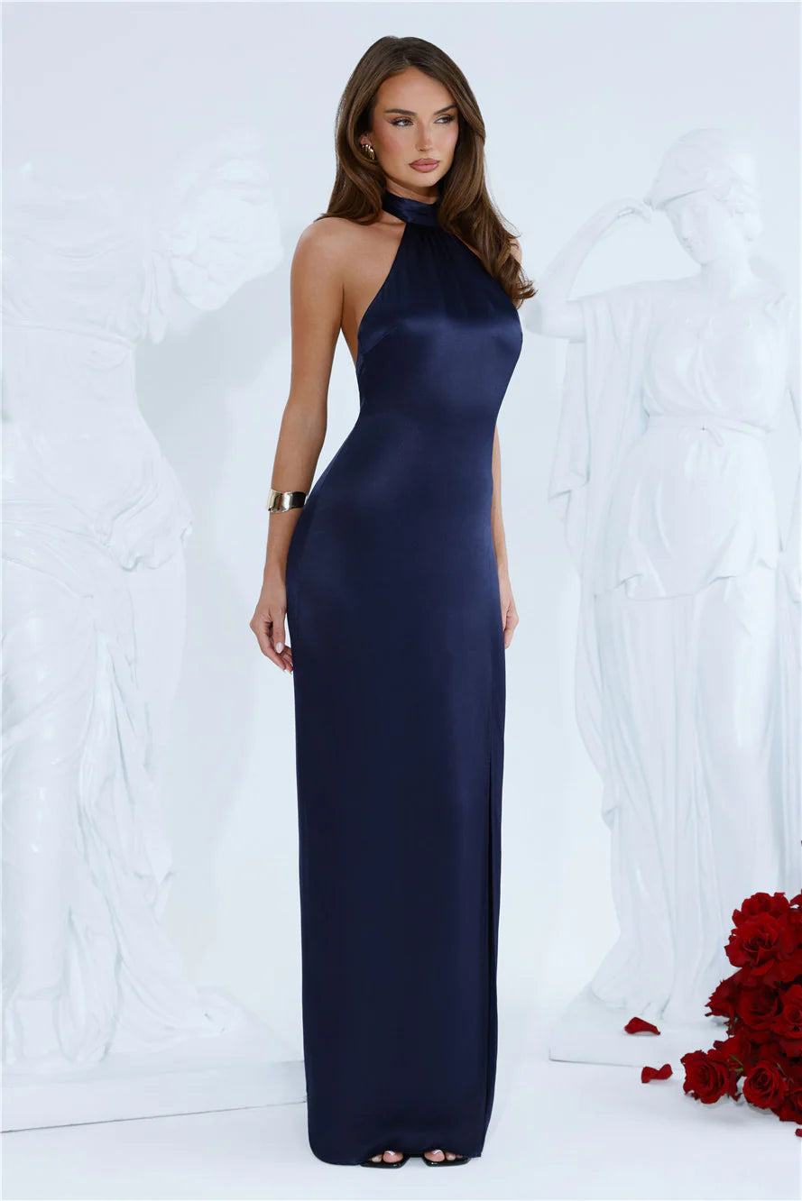 Effortless Luxe Halter Satin Maxi Dress Navy