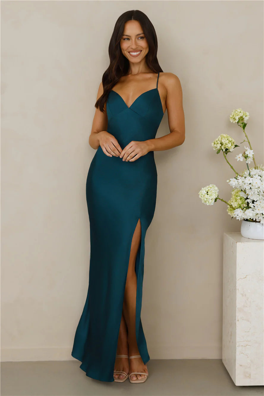 The Sophia Satin Maxi Dress Teal