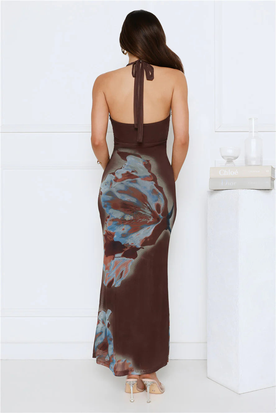 Vivi Halter Mesh Maxi Dress Brown