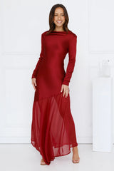 Exquisite Luxury Satin Long Sleeve Maxi Dress Burgundy