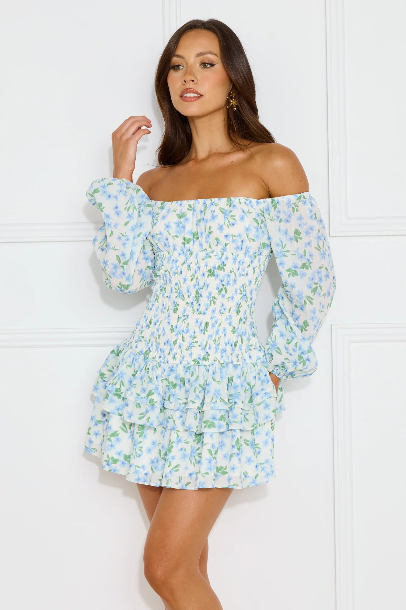 Fashionable Debutante Off Shoulder Mini Dress Blue