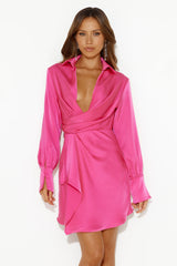 Days Of Love Long Sleeve Satin Mini Dress Hot Pink