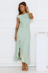 Effortless Girl Off Shoulder Mesh Midi Dress Sage
