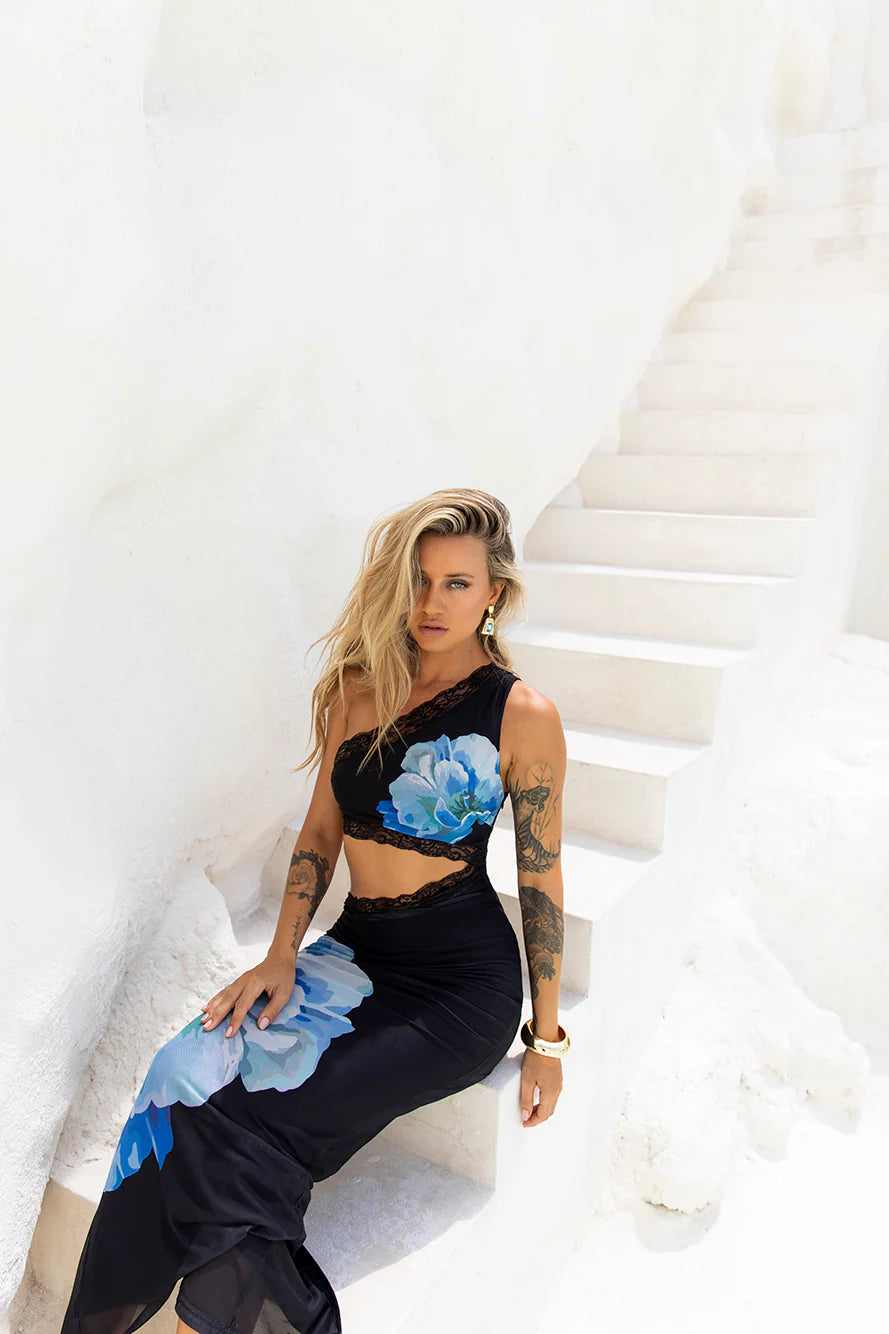 Bubbly Personality One Shoulder Mesh Maxi Dress Black Blue