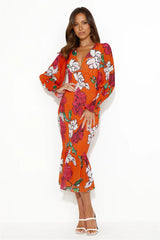 Fiesta Vibes Puff Sleeve Midi Dress Orange