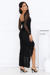 Fashion Exhibition Long Sleeve Mesh Maxi Dress Black