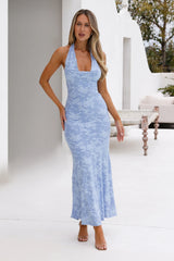 Coconut Whirl Halter Maxi Dress Blue